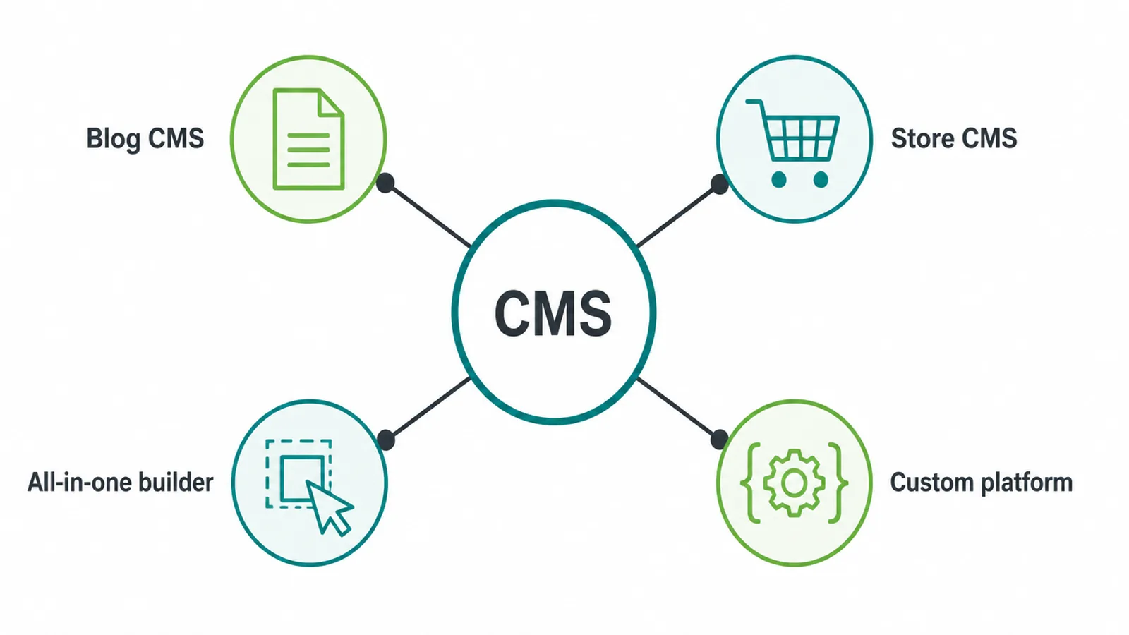 Map of CMS types: blog CMS, store CMS, all-in-one builder, and custom platform.