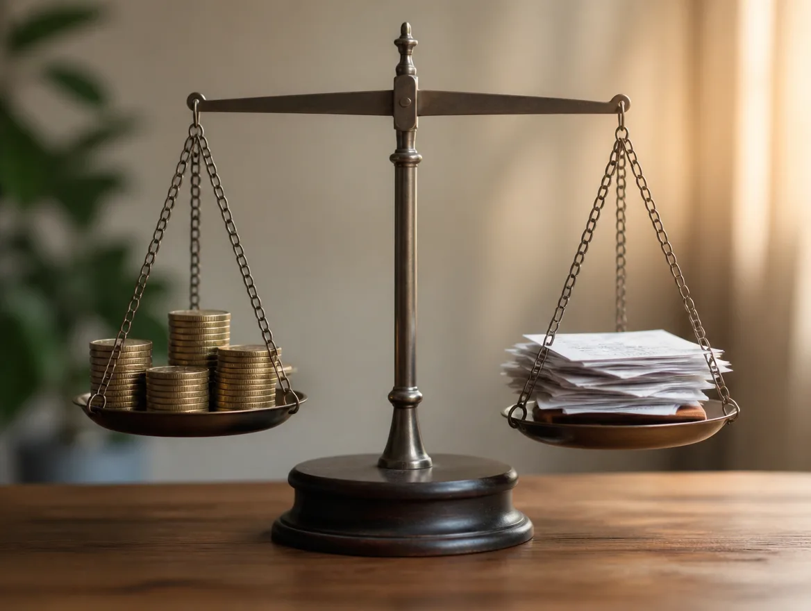A simple balance scale weighing one side against the other, representing revenue against cost.