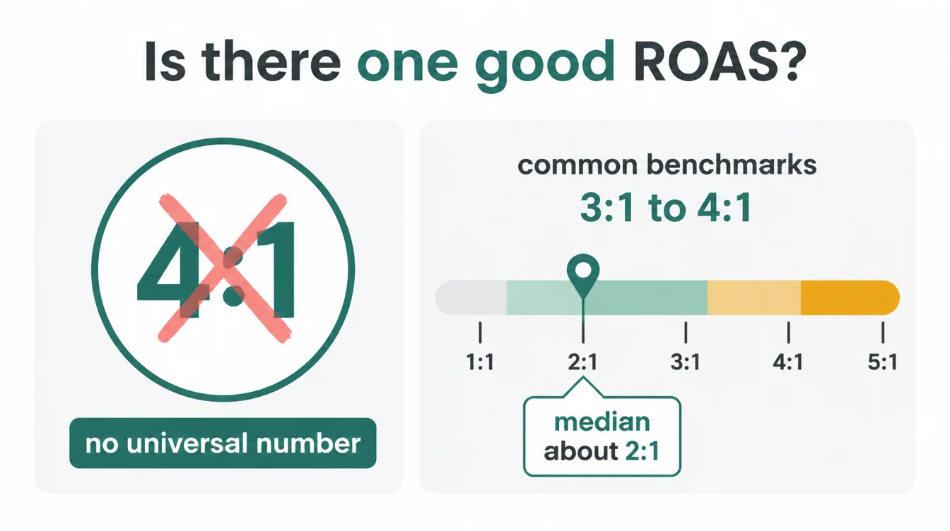 Infographic showing there is no universal good ROAS: the 4 to 1 rule of thumb is crossed out