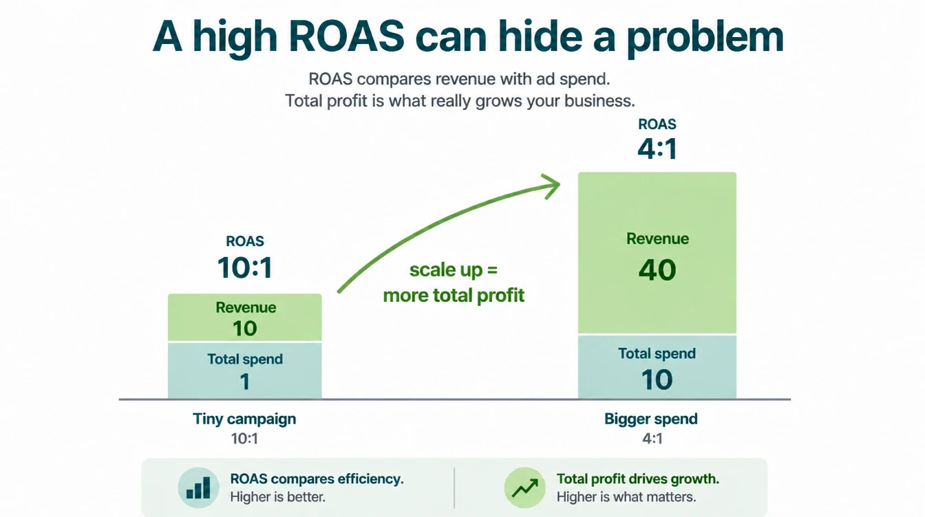 Infographic showing a tiny campaign at 10 to 1 makes less total profit than a bigger campaign at 4 to 1