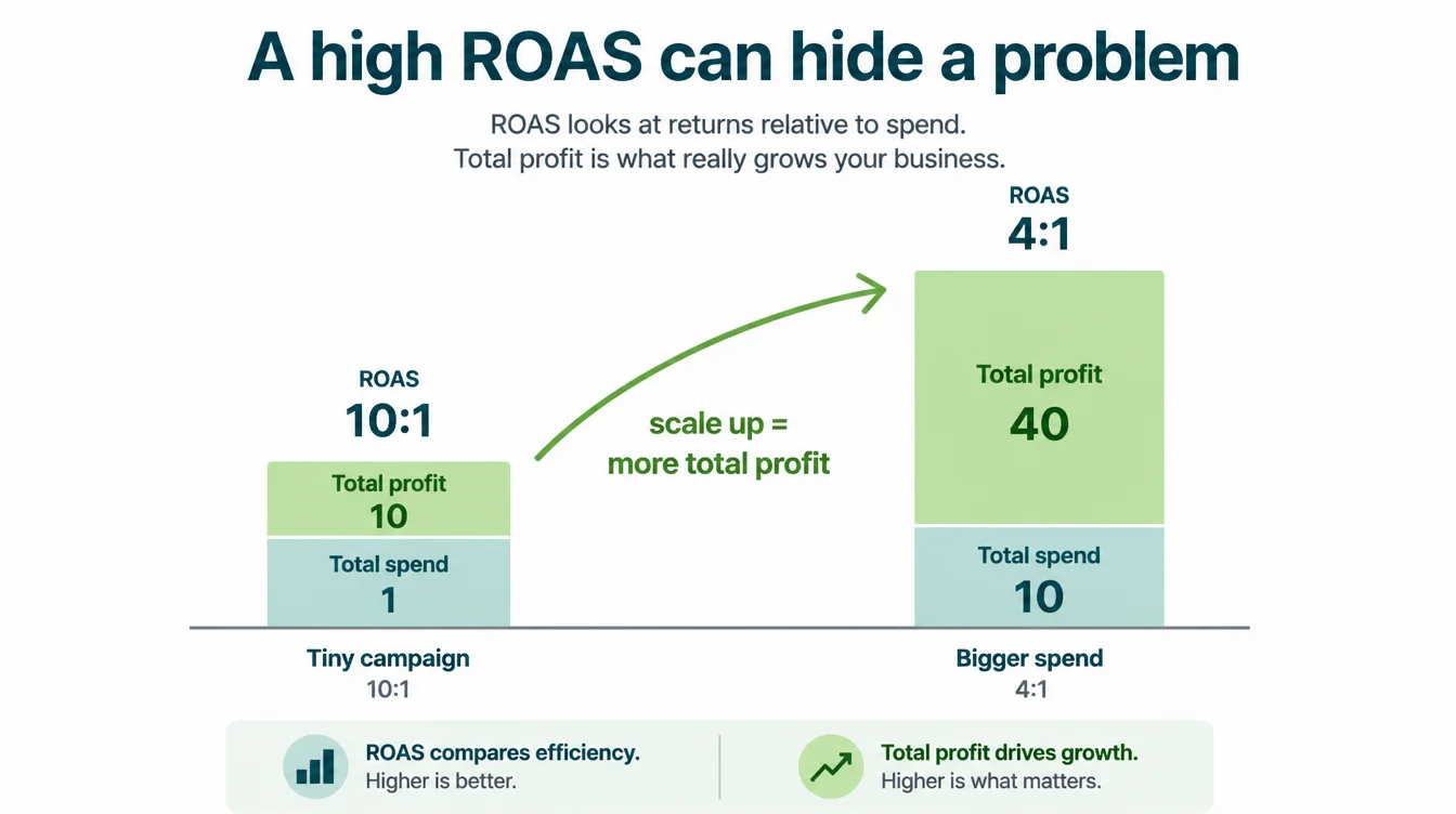 Infographic showing a tiny campaign at 10 to 1 makes less total profit than a bigger campaign at 4 to 1