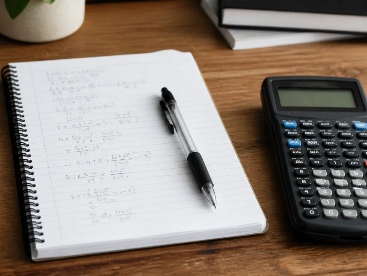 A notebook, pen, and calculator laid out on a desk for doing the math by hand.