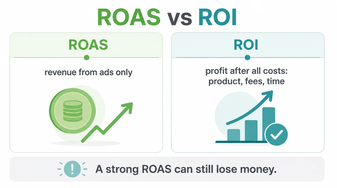 Comparison of ROAS versus ROI: ROAS counts revenue from ads only, while ROI counts profit after all costs.