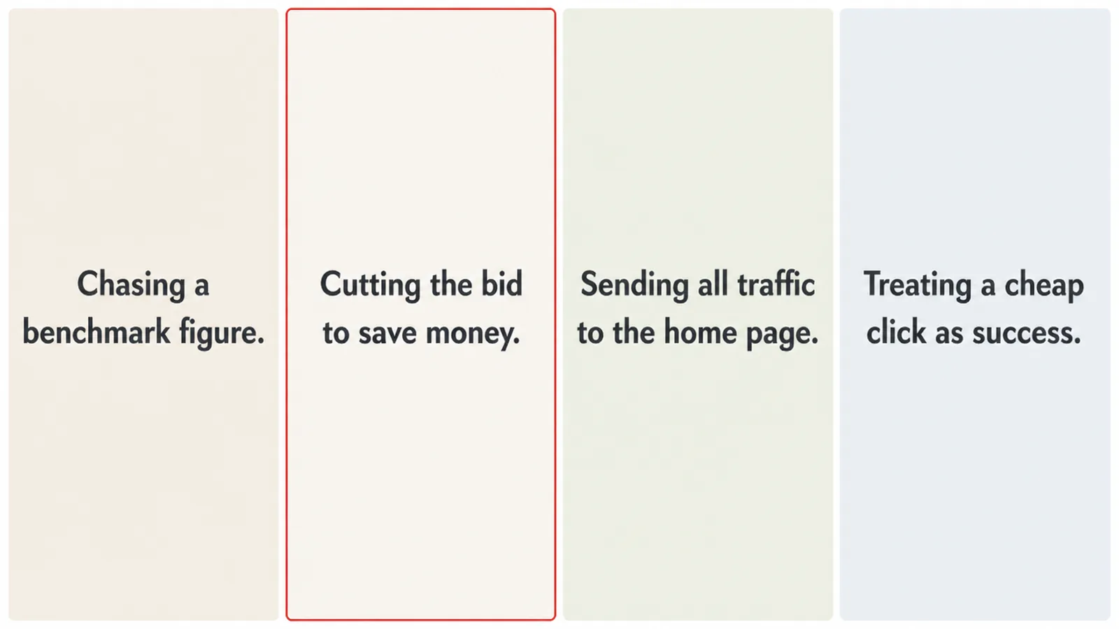 Four plain colour panels naming CPC mistakes, one outlined in red