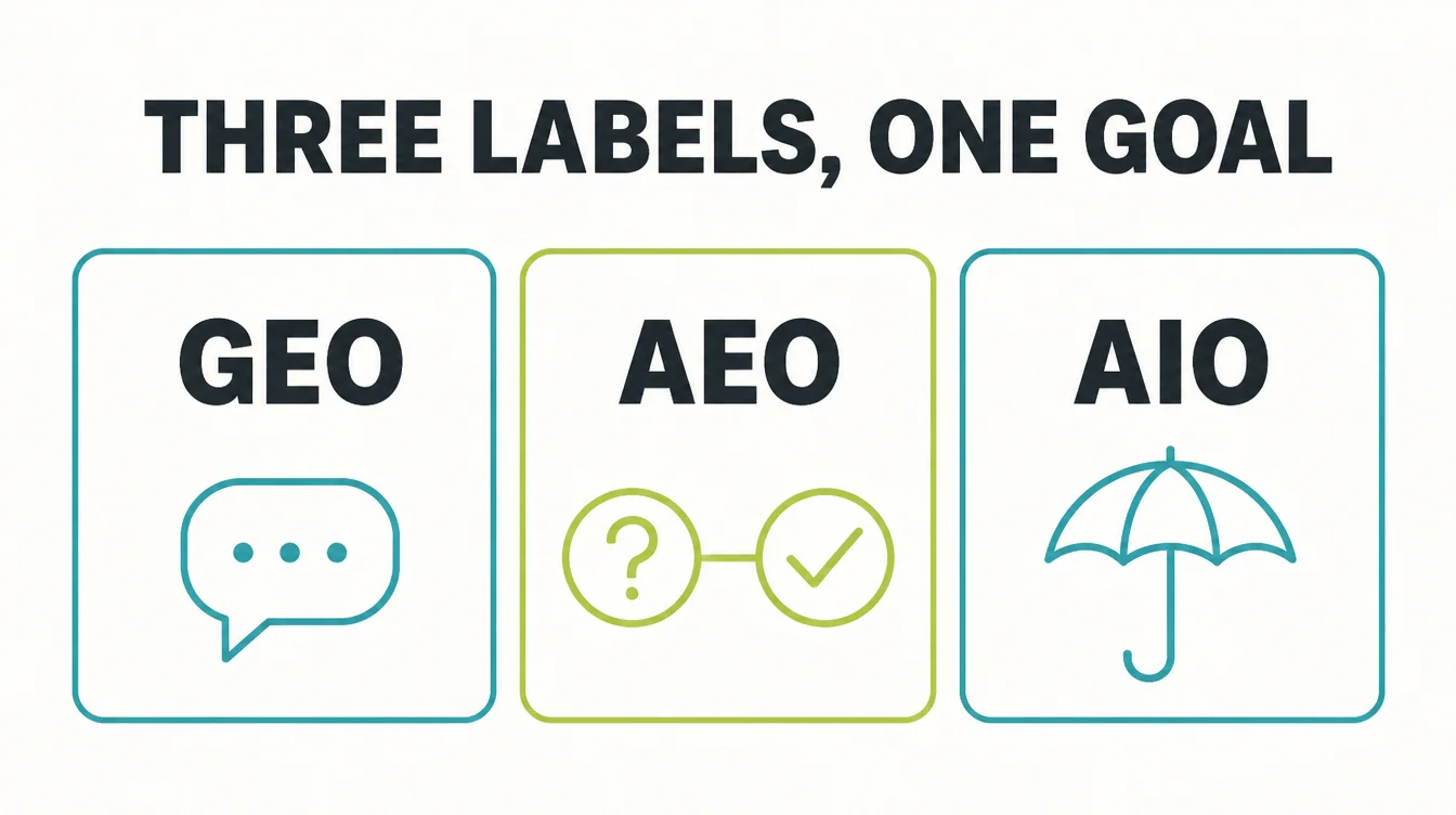 Infographic showing three cards labelled GEO, AEO, and AIO with a chat bubble, question mark, and umbrella icon.