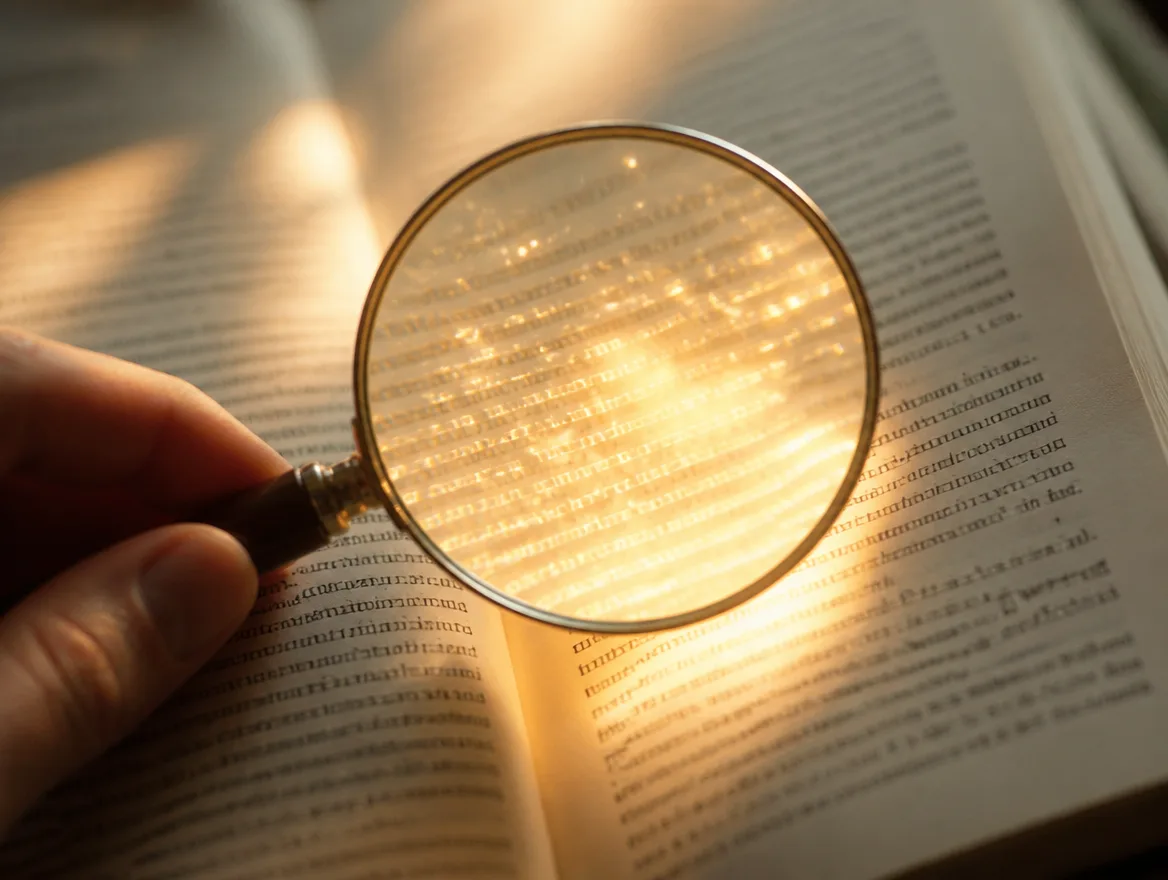 A magnifying glass held over a printed page where the words appear to turn into glowing light.