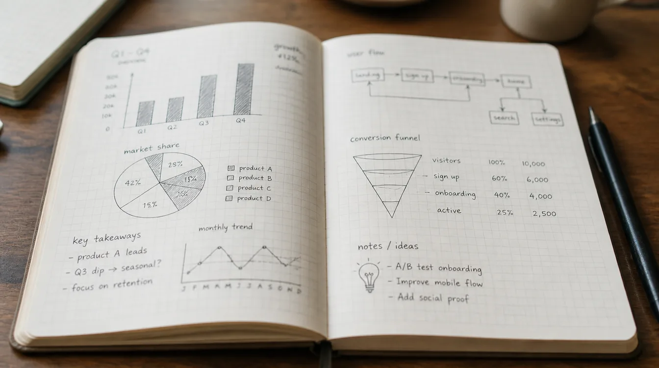 An open notebook with hand-drawn diagrams, charts, and statistics sketched across the page.