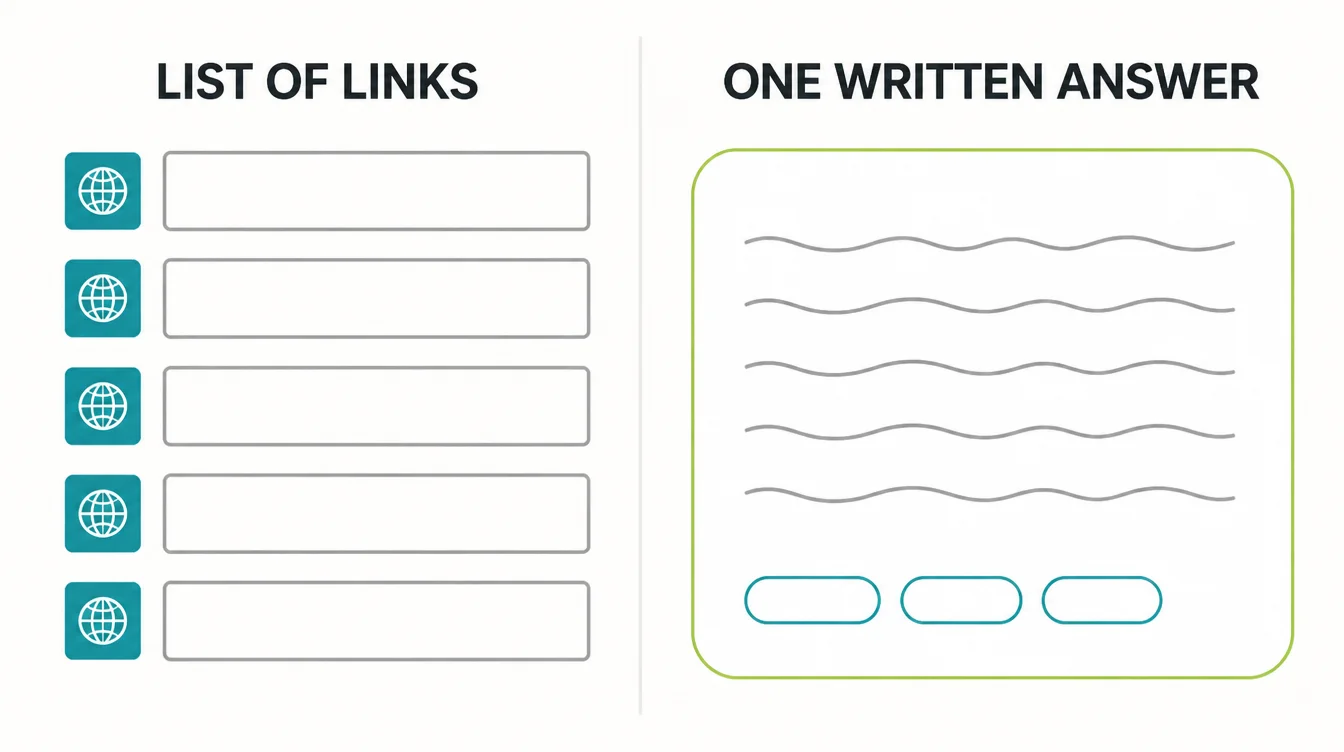 Infographic comparing a list of website links with a single written answer that has cited sources.