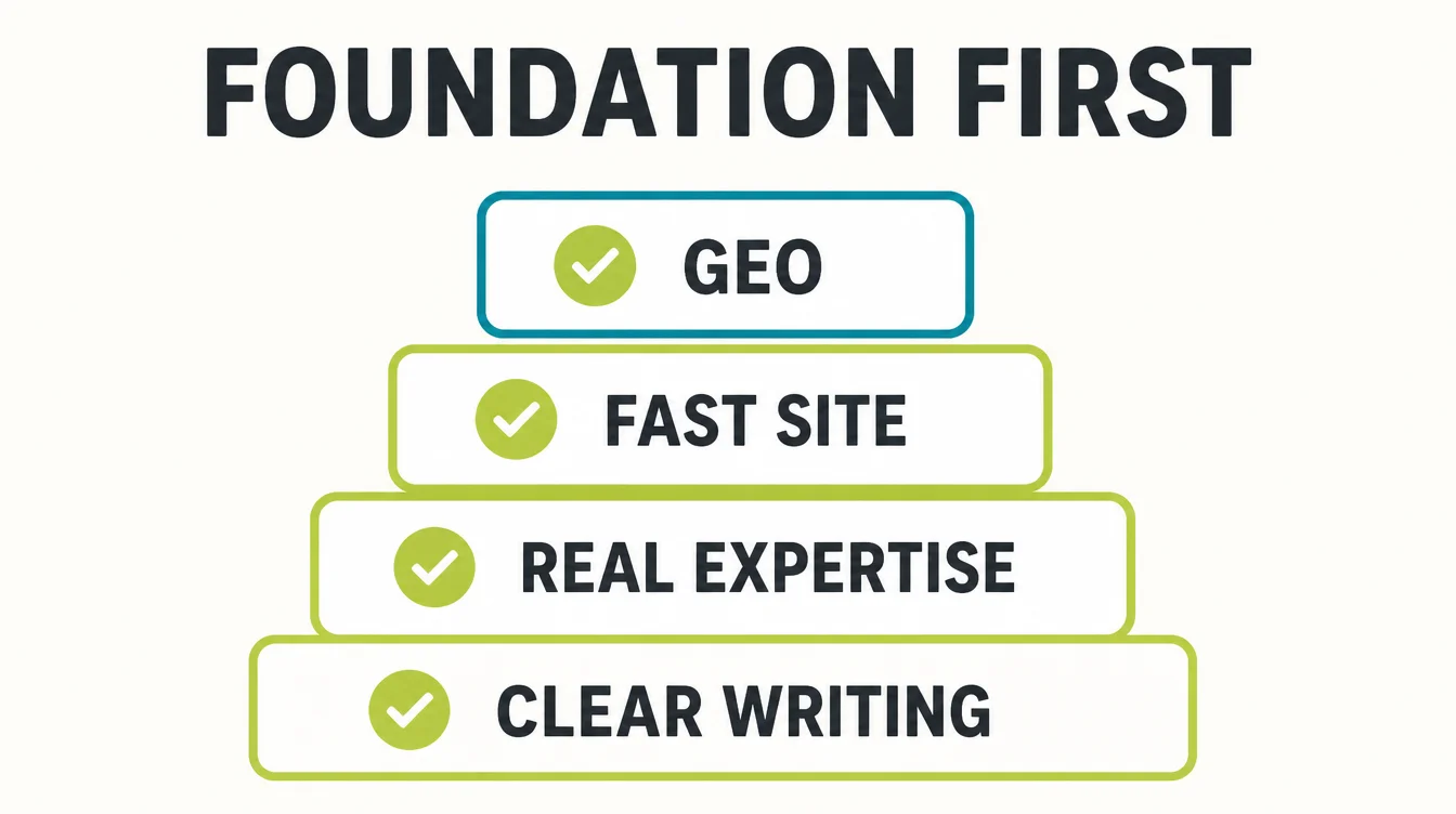 Infographic showing stacked bars for clear writing, real expertise, and a fast site, with GEO added as a layer on top.