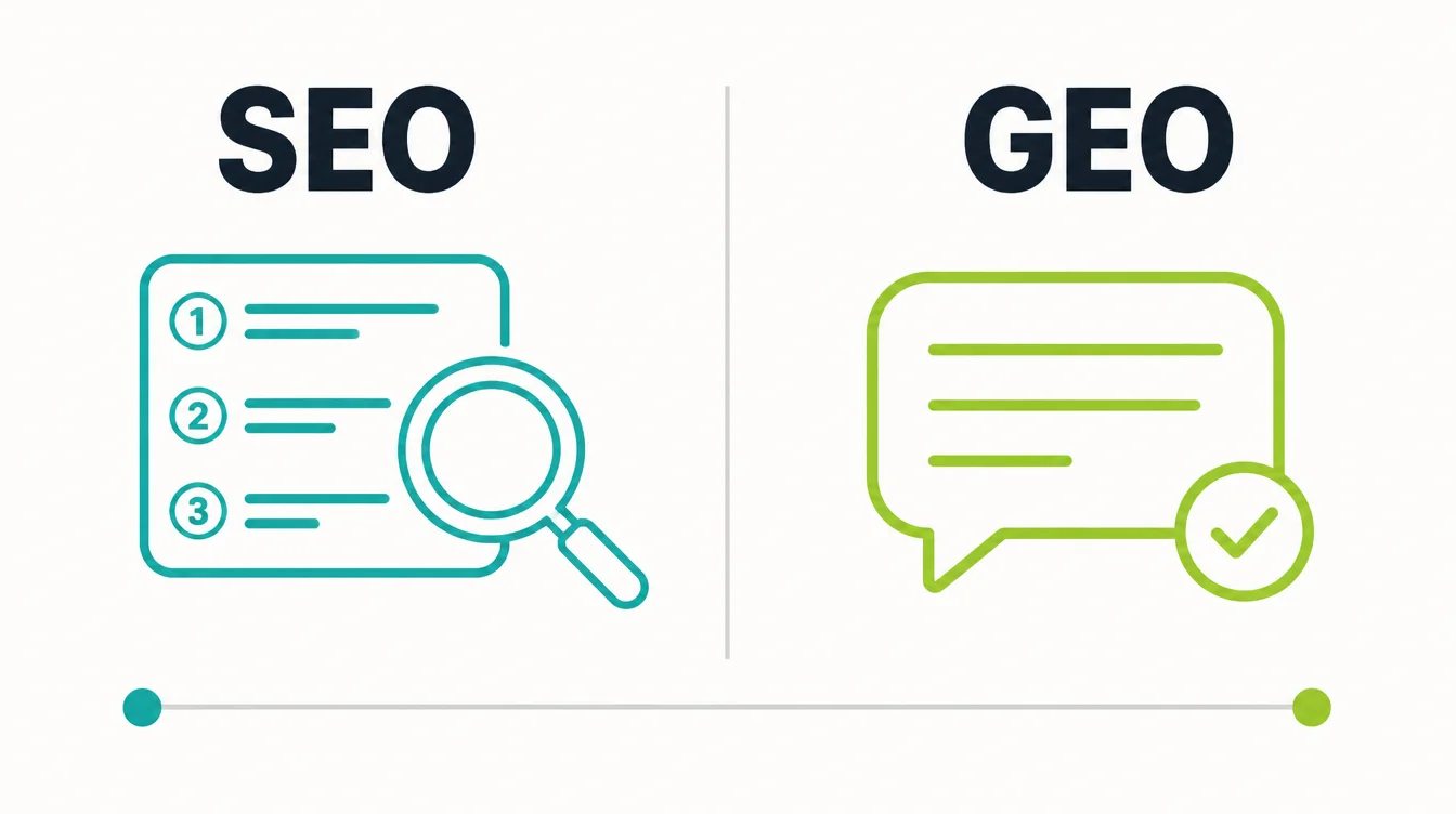Infographic comparing SEO, shown as a ranked list with a magnifying glass, against GEO, shown as a cited chat answer.