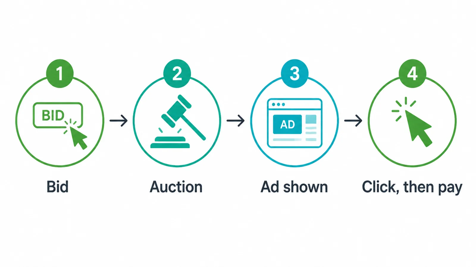 A four-step flow diagram showing bid, auction, ad shown, then click and pay.