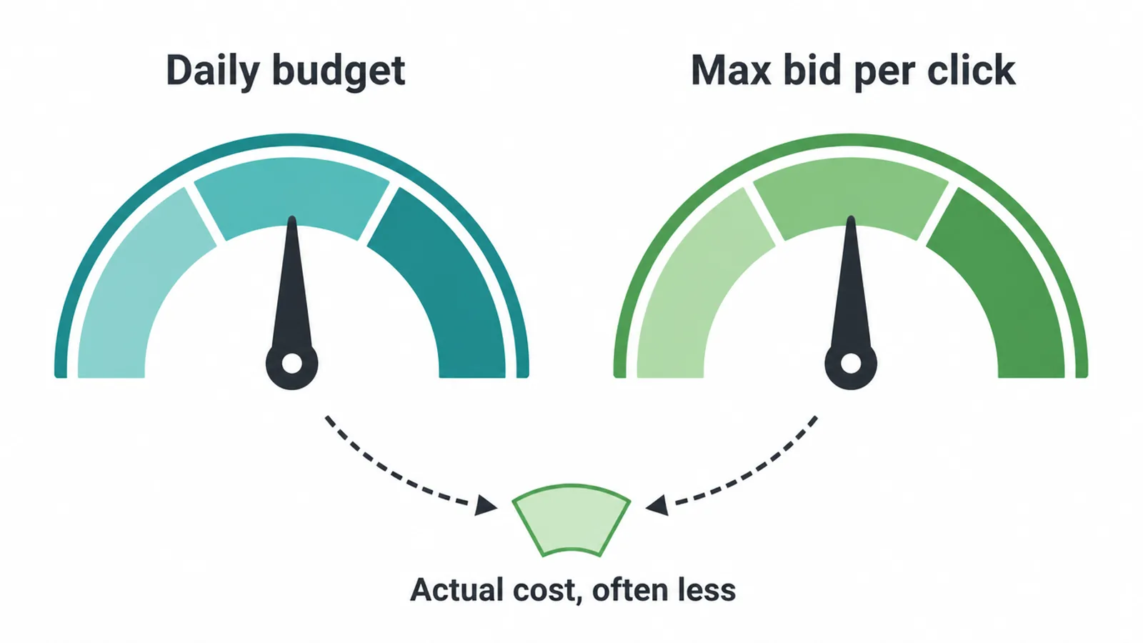 Two dials for daily budget and maximum bid per click, pointing to a smaller actual cost.