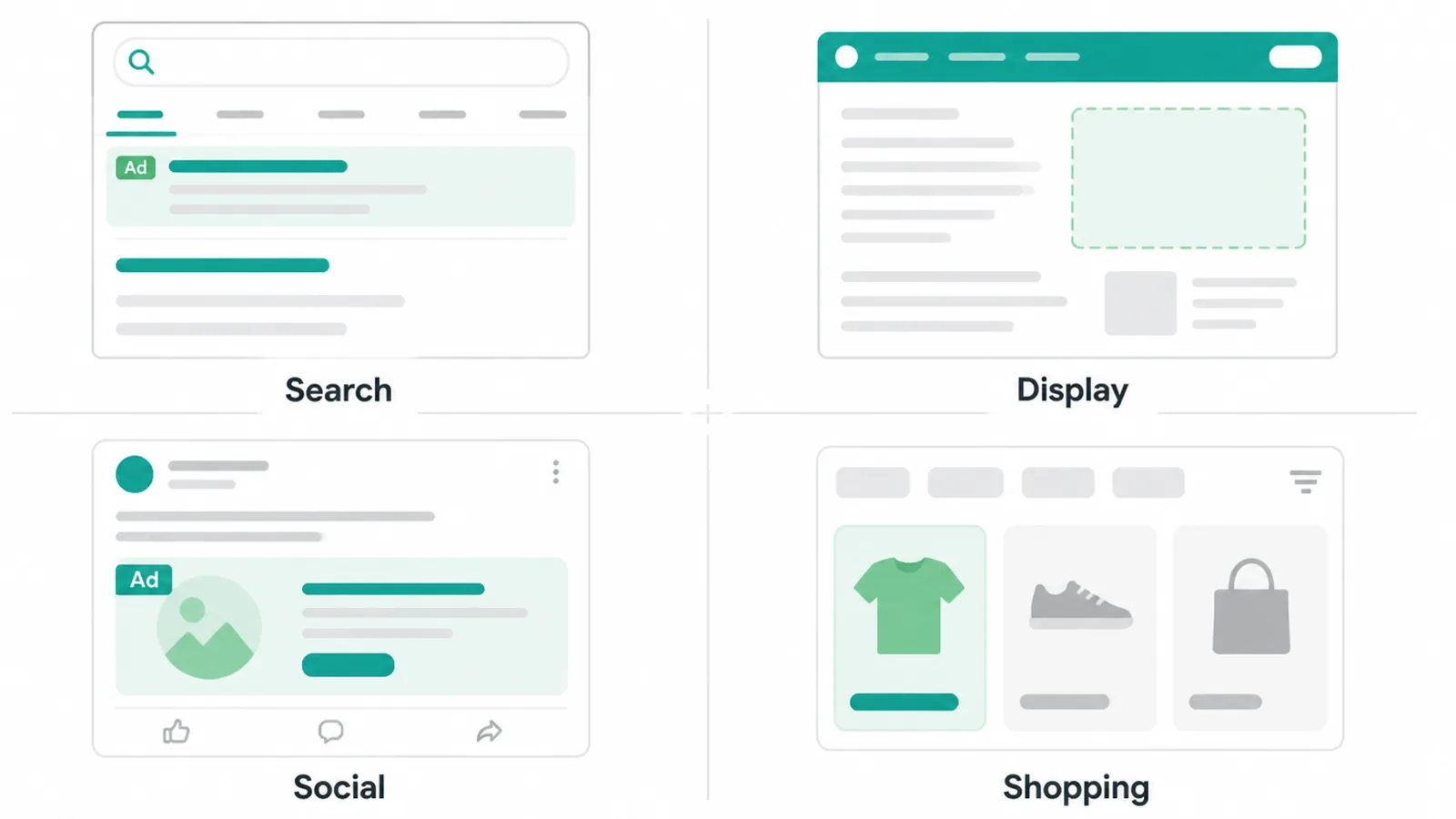Four mockup panels showing PPC ads on search results, display banners, social feeds, and shopping listings.