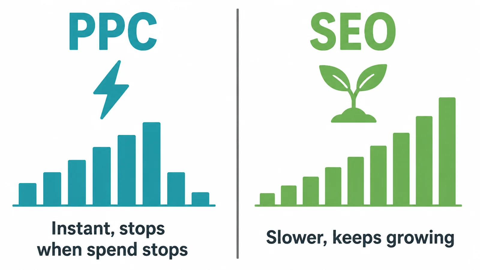 A side-by-side comparison of PPC and SEO, contrasting instant paid clicks with earned organic traffic.