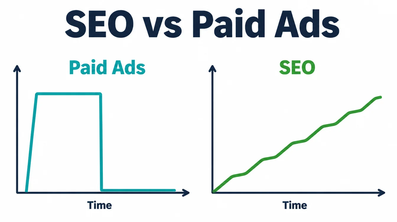 Chart comparing paid ads, which spike then drop, with SEO, which climbs steadily over time