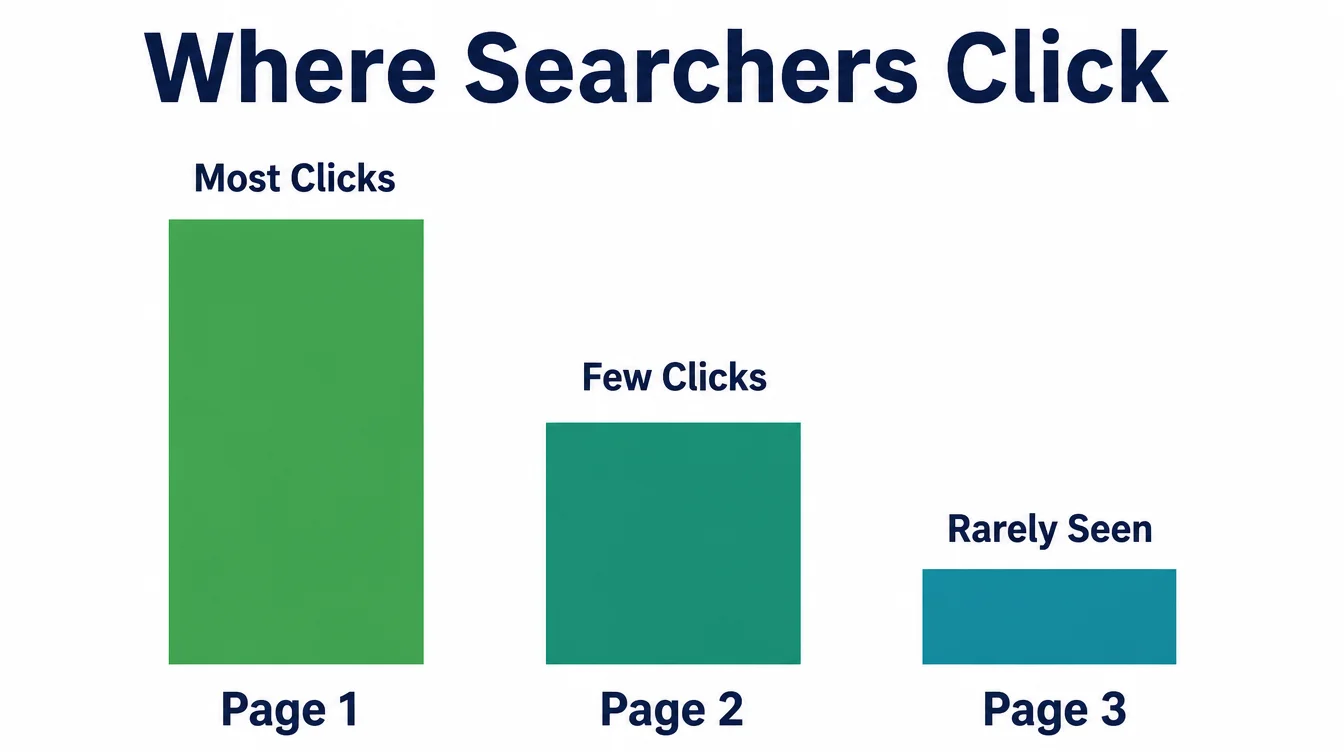 Bar chart showing clicks drop sharply from page 1 to page 2 to page 3 of search results