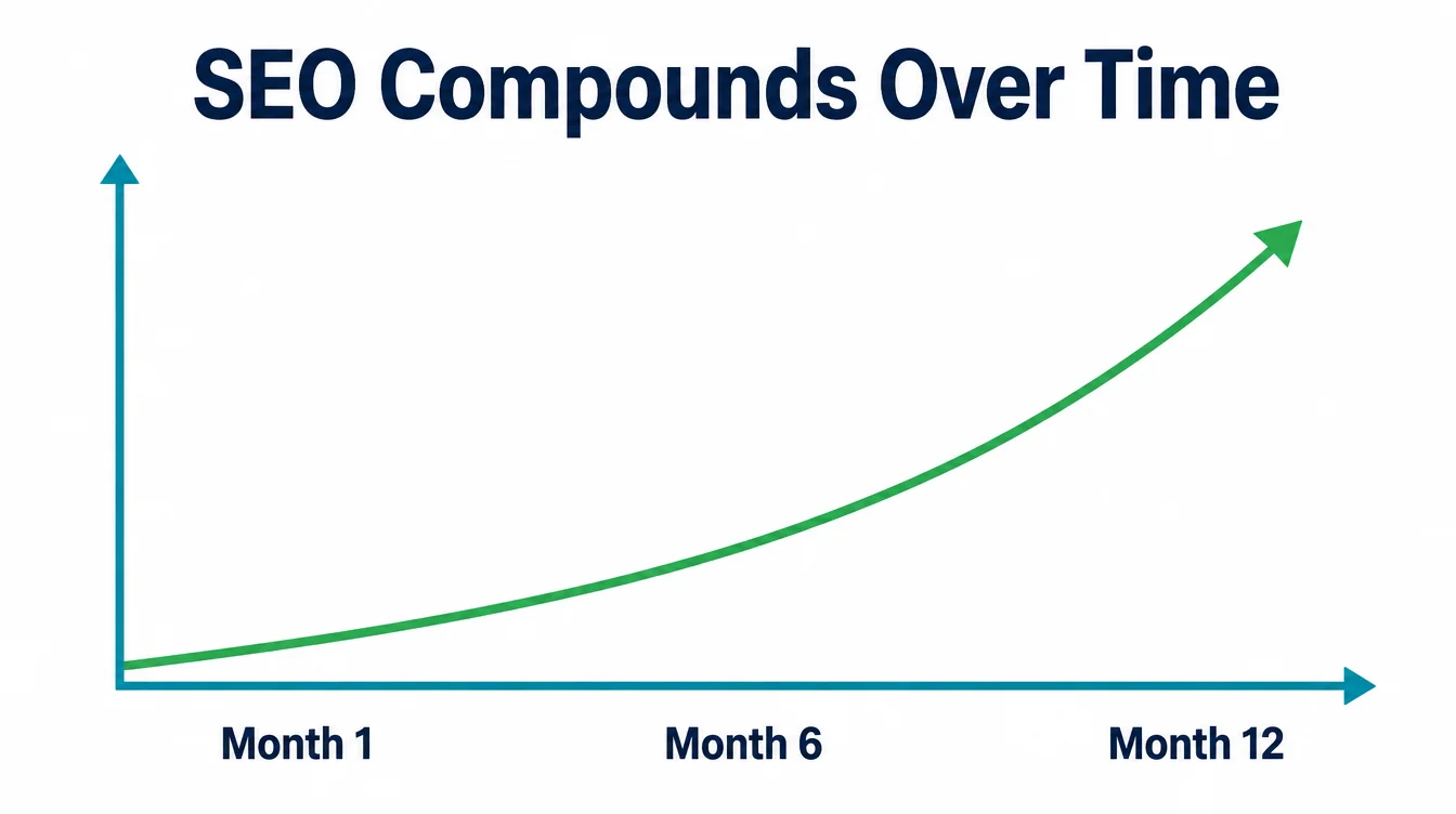 Line chart showing SEO traffic growing steadily from month 1 to month 12