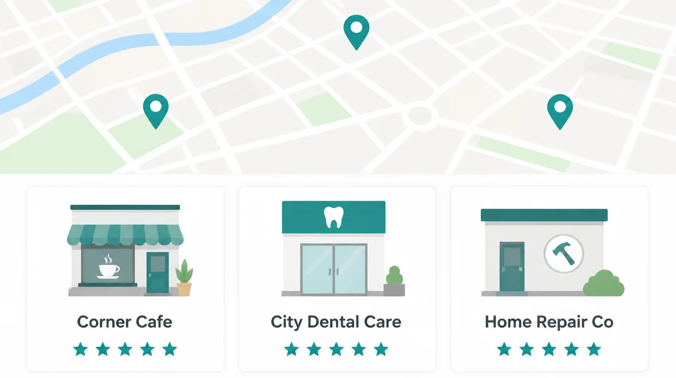 Local search results showing a map with pins above three business listing cards with star ratings