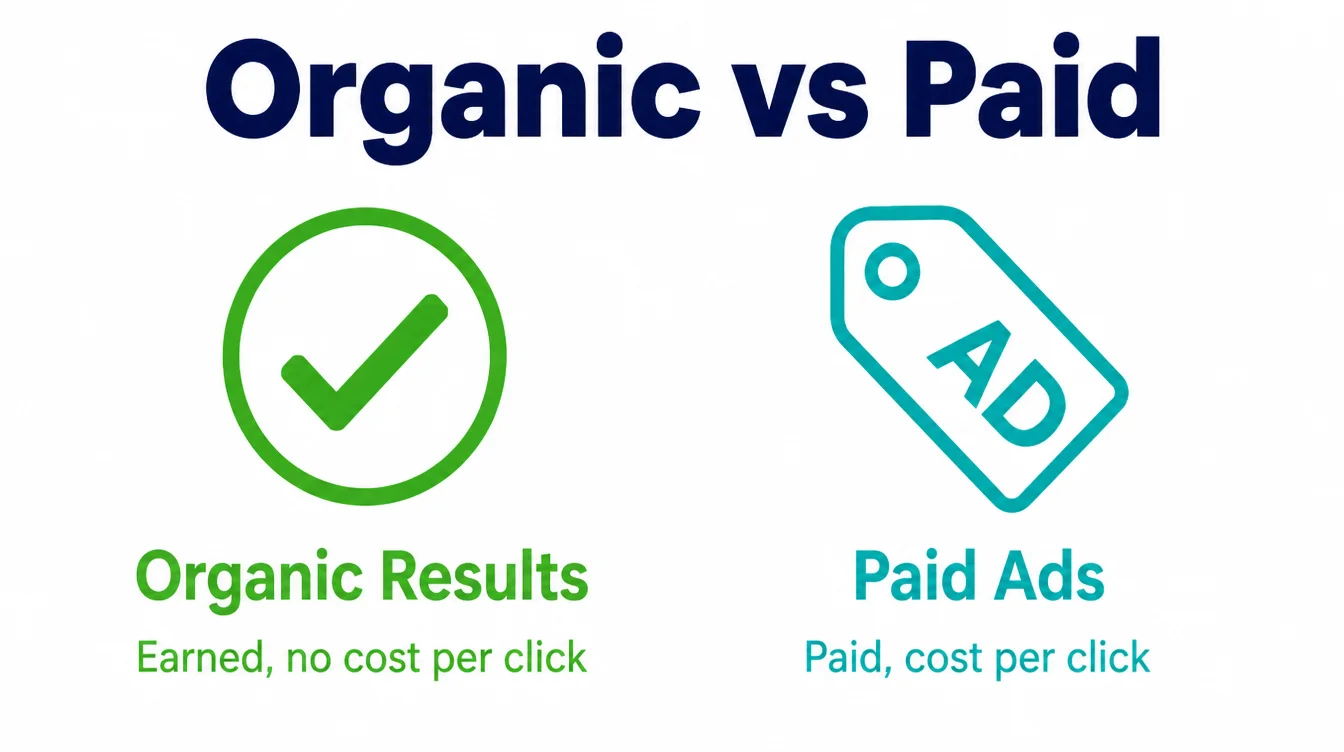 Diagram comparing organic search results, which are earned for free, with paid ads, which cost per click