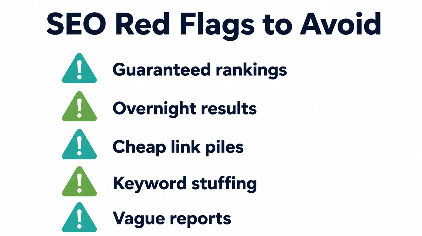 List of five SEO red flags to avoid, including guaranteed rankings and overnight results