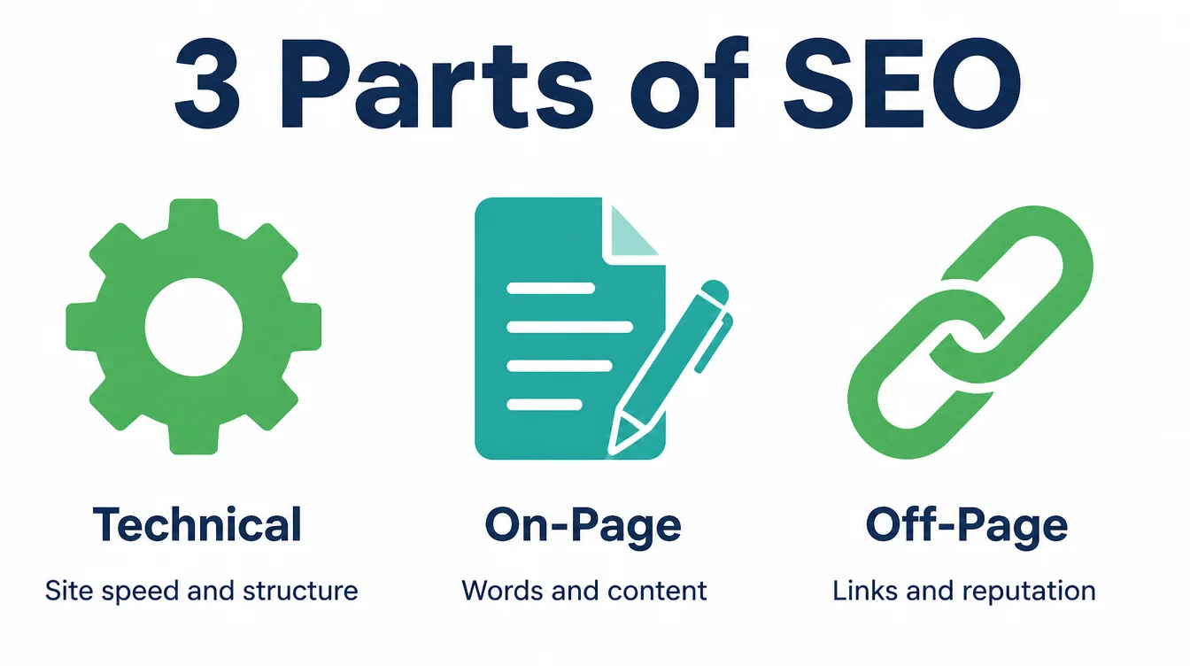 Diagram of the three parts of SEO: technical, on-page, and off-page
