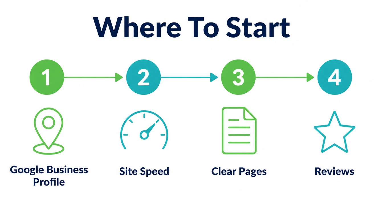 Four numbered steps for starting SEO: Google Business Profile, site speed, clear pages, and reviews
