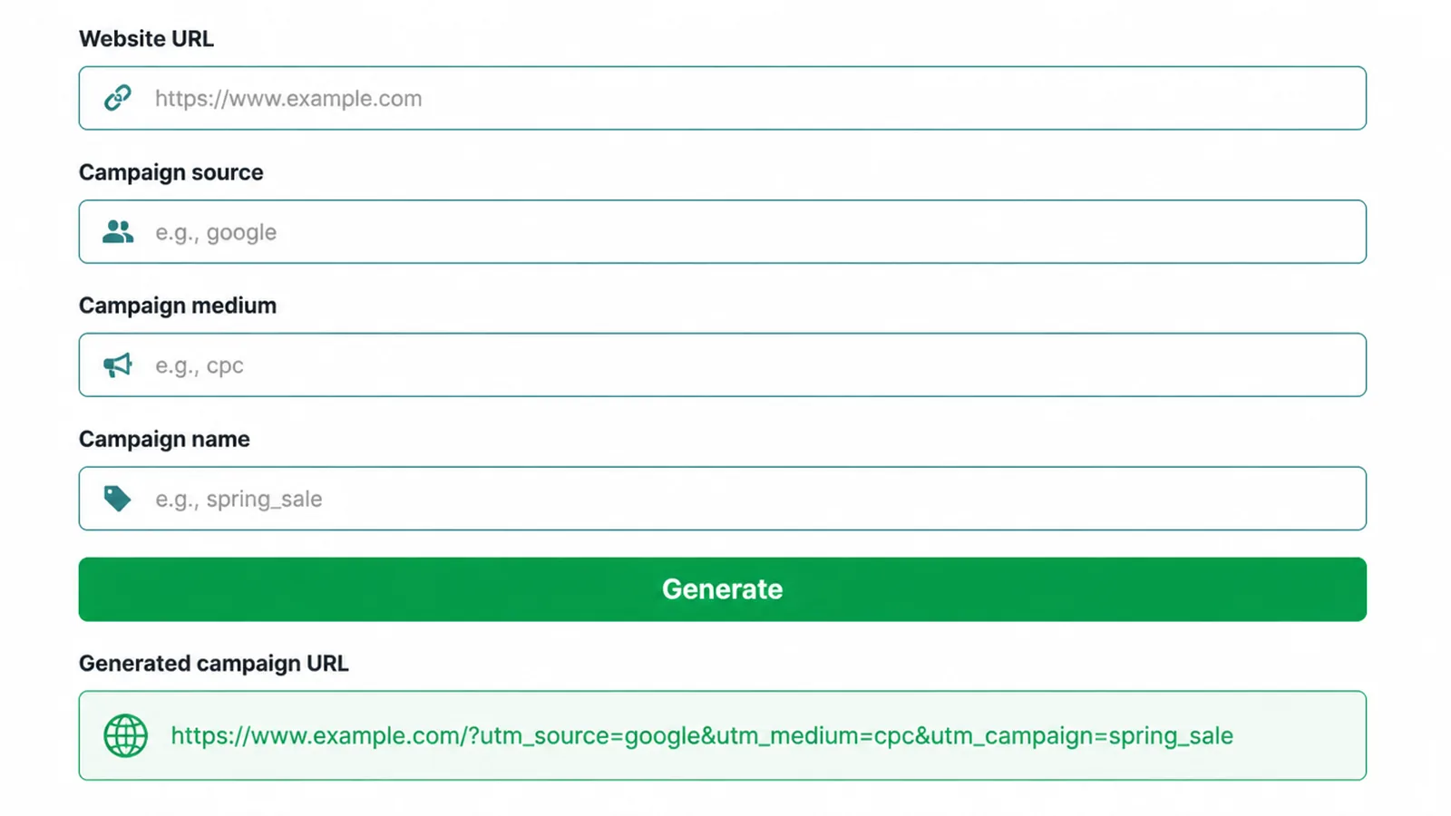 A campaign URL builder form with fields for website, source, medium, and campaign.