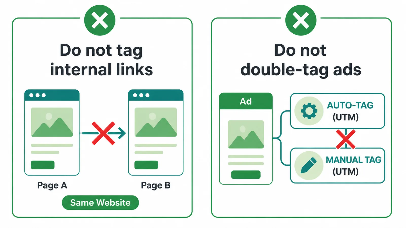 Two UTM mistakes to avoid: tagging internal links, and double-tagging ads.