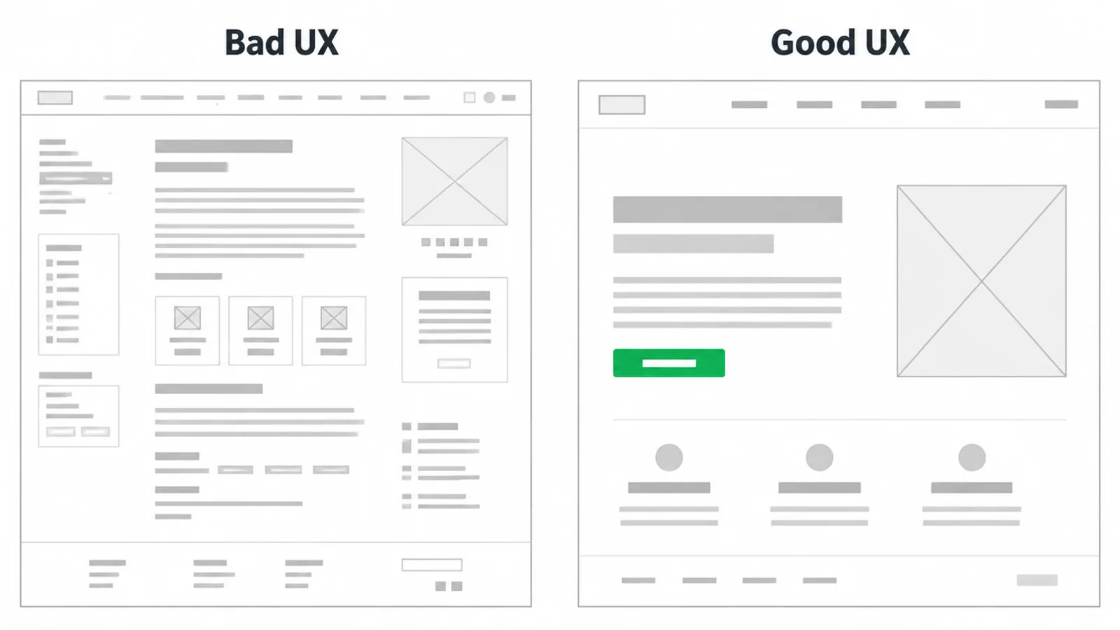 Wireframes contrasting a cluttered bad UX layout with a clean good UX layout