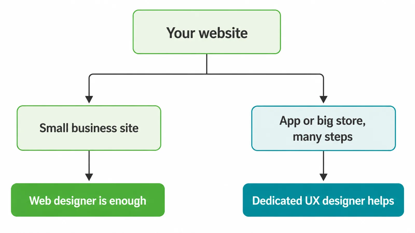 Decision path showing when a web designer is enough versus a UX specialist