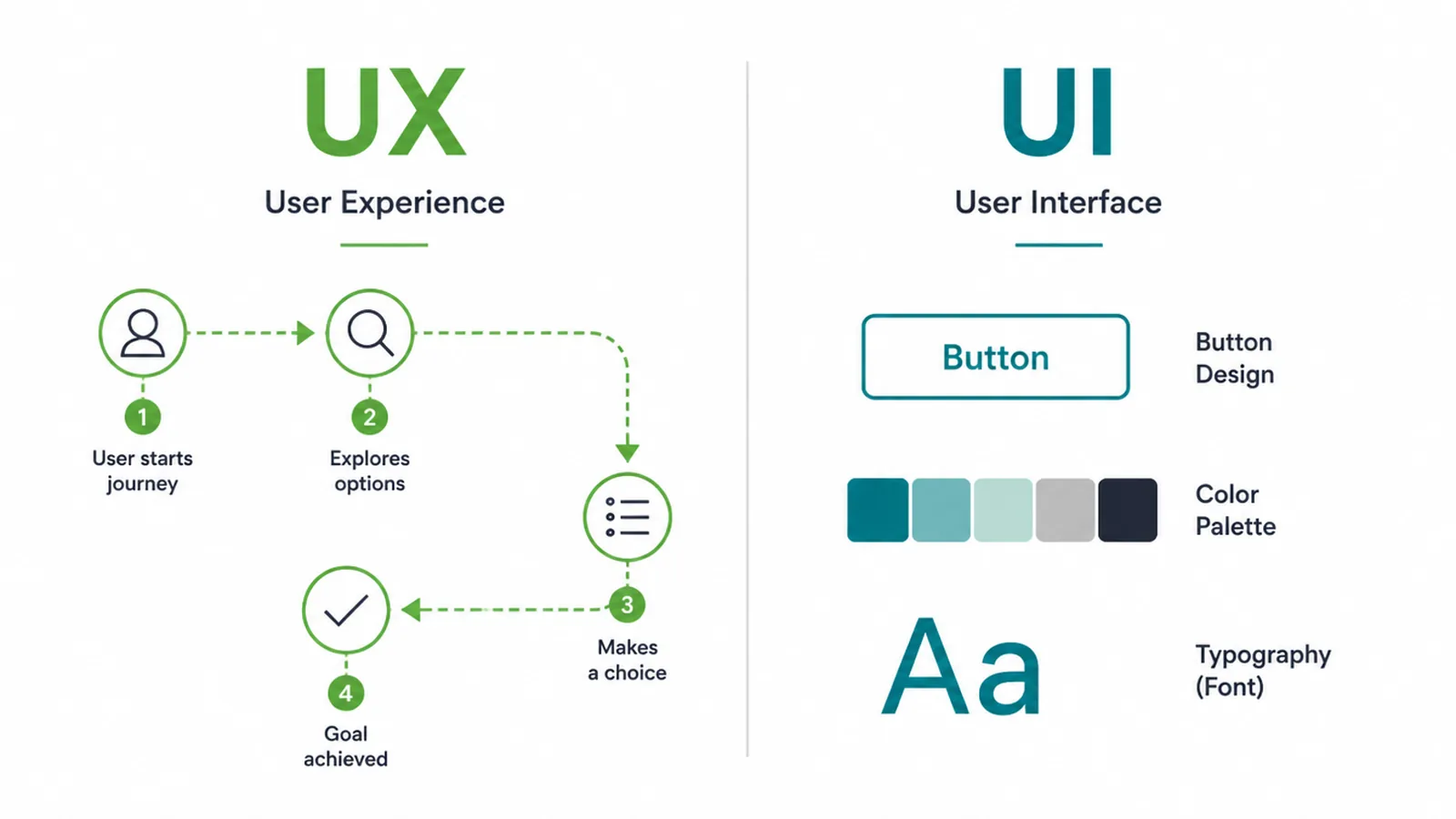 Split diagram comparing UX, the whole journey, with UI, the screen look