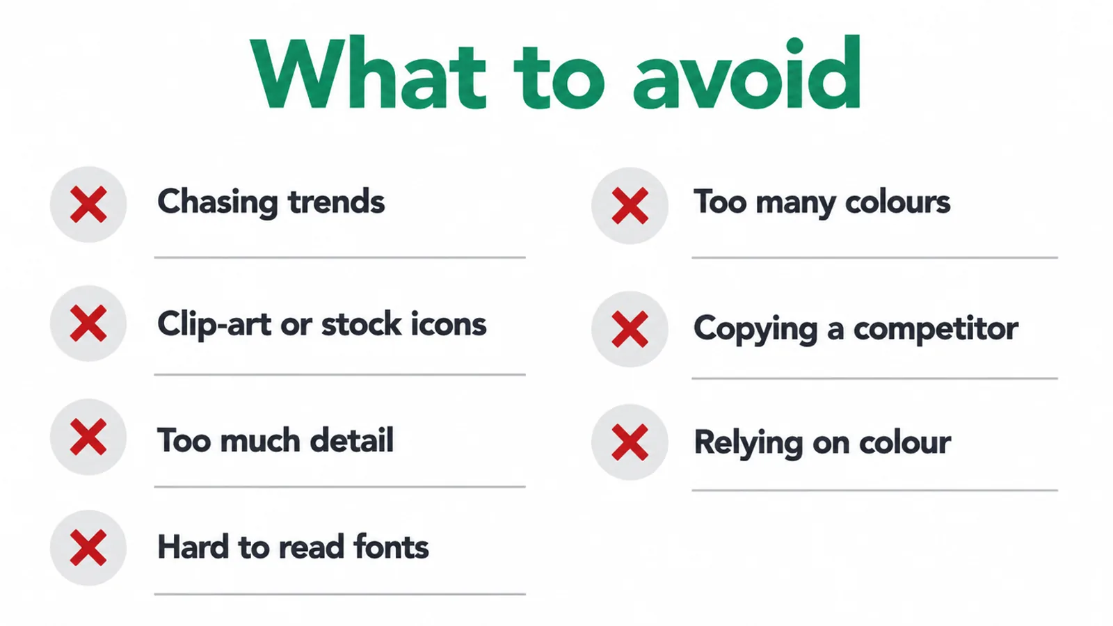 Checklist of seven common logo mistakes to avoid, each marked with a red cross