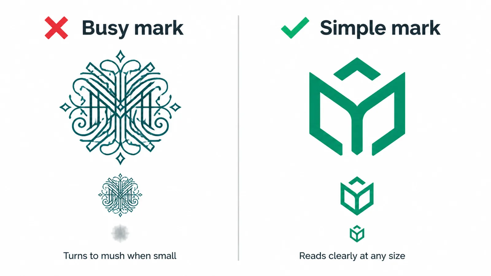 A busy logo turning to mush at small size next to a simple mark that stays clear