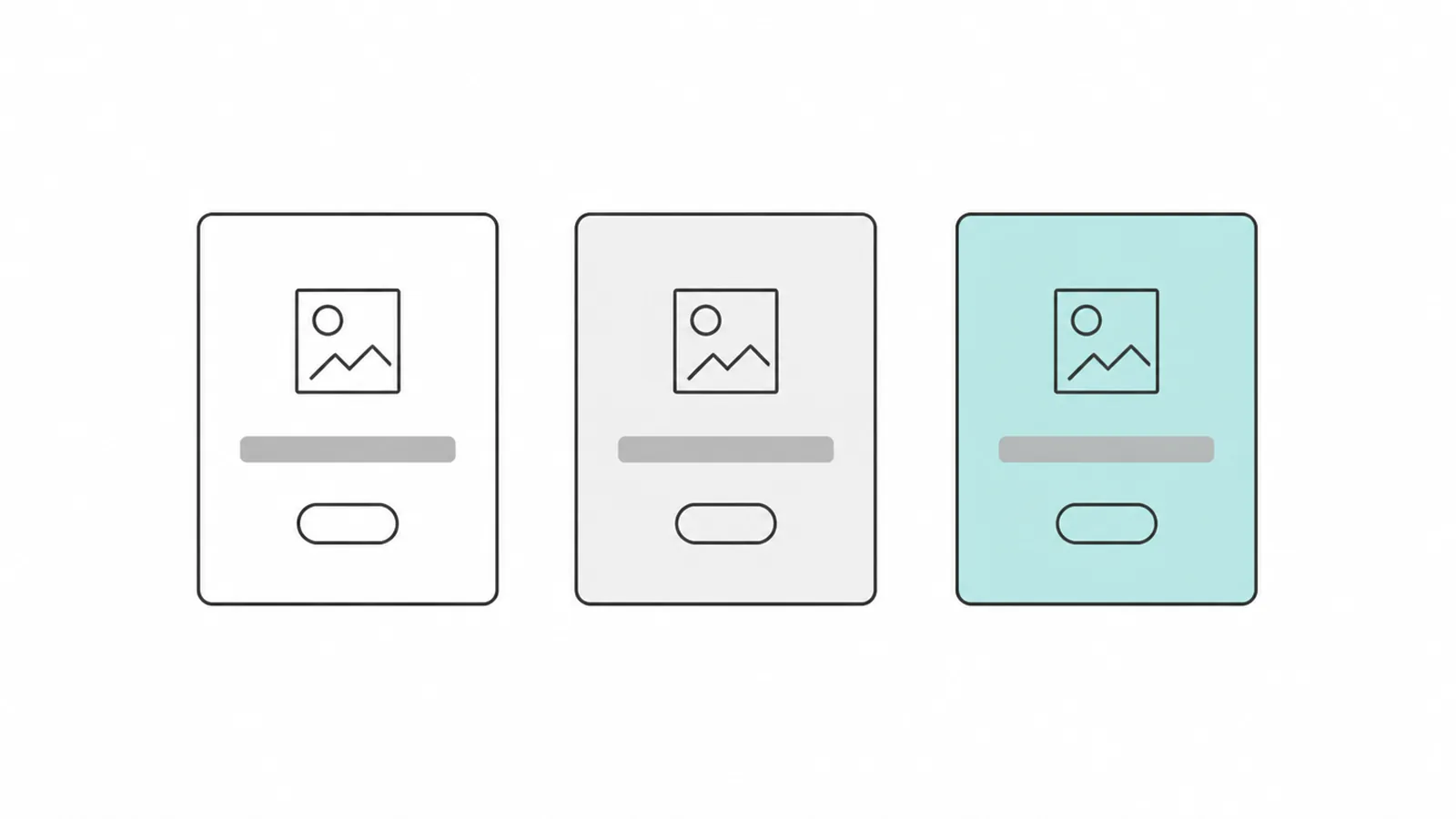 Three identical layout cards with empty space in white, grey, and teal.