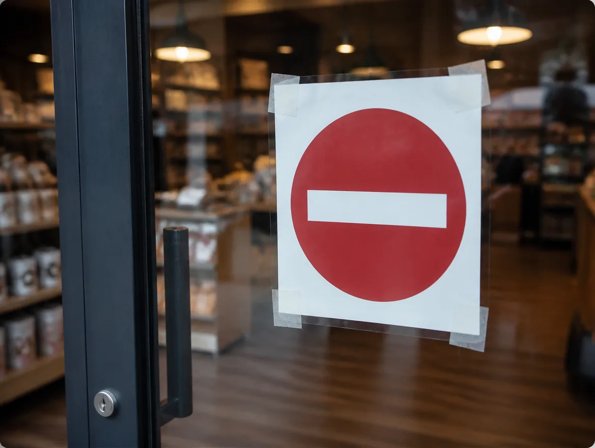 A do not enter sign taped to the inside of a glass shop door during business hours.