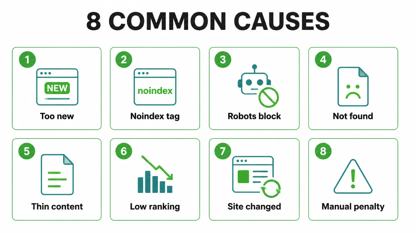 A grid of the eight common causes a website does not show up on Google, numbered one to eight.