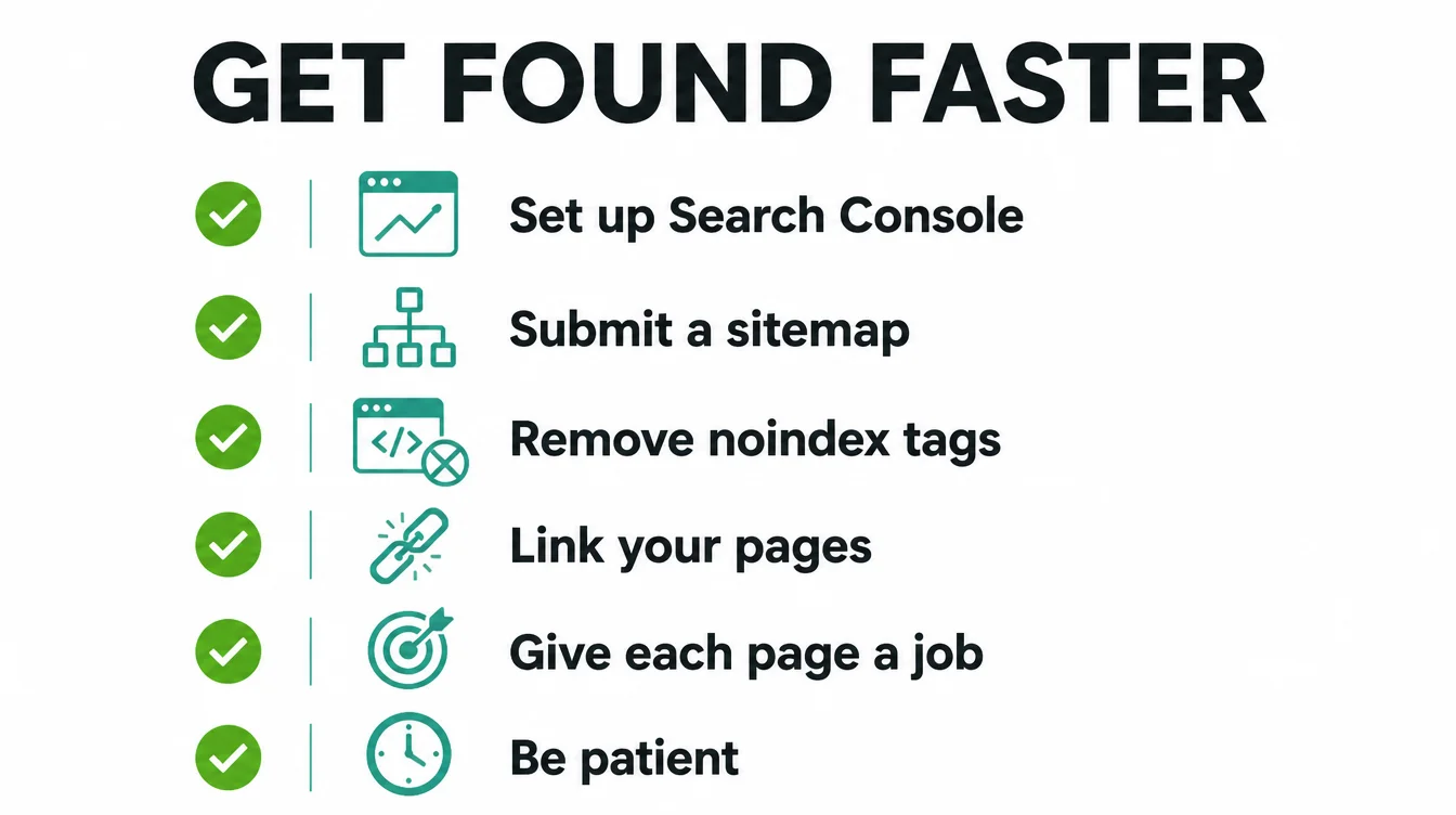 A six step checklist to get a website found faster on Google.