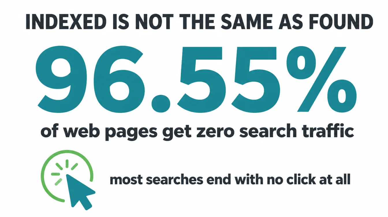 A stat callout showing 96.55 percent of web pages get zero search traffic, most searches end with no click.