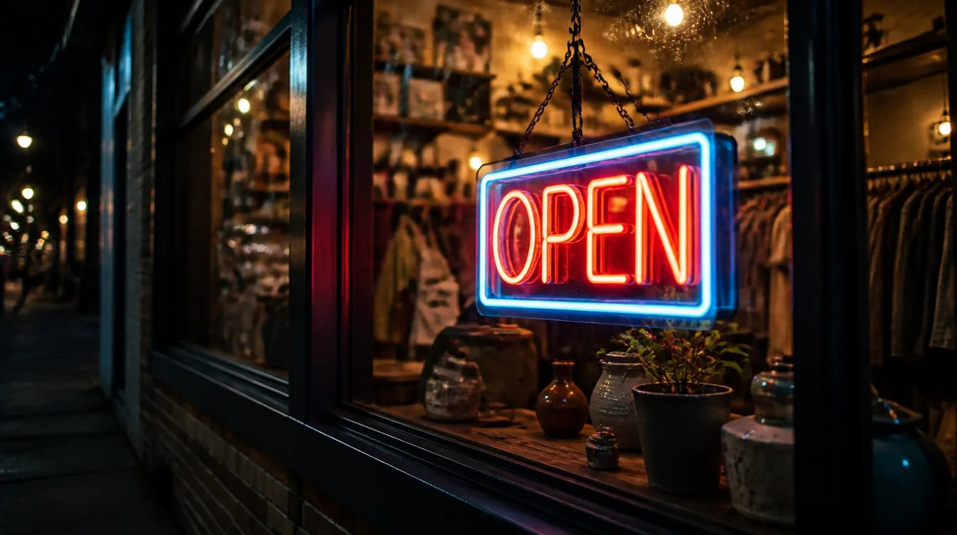 A bright open sign glowing in a small shop window seen from the street at night.