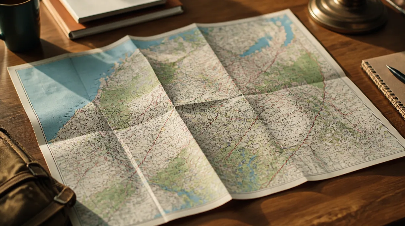 An unfolded paper road map spread across a wooden desk under warm light.