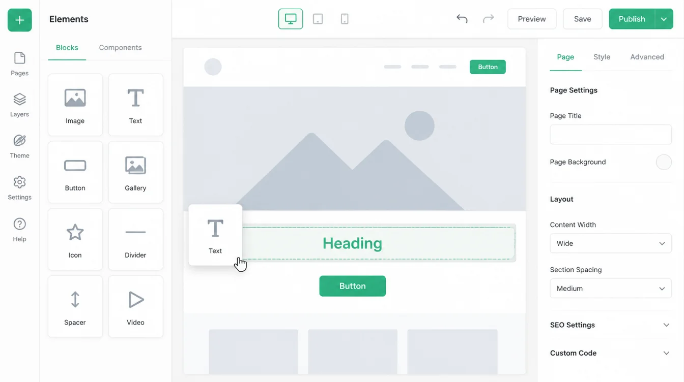 A drag and drop website builder screen with blank content blocks and a page draft in progress.