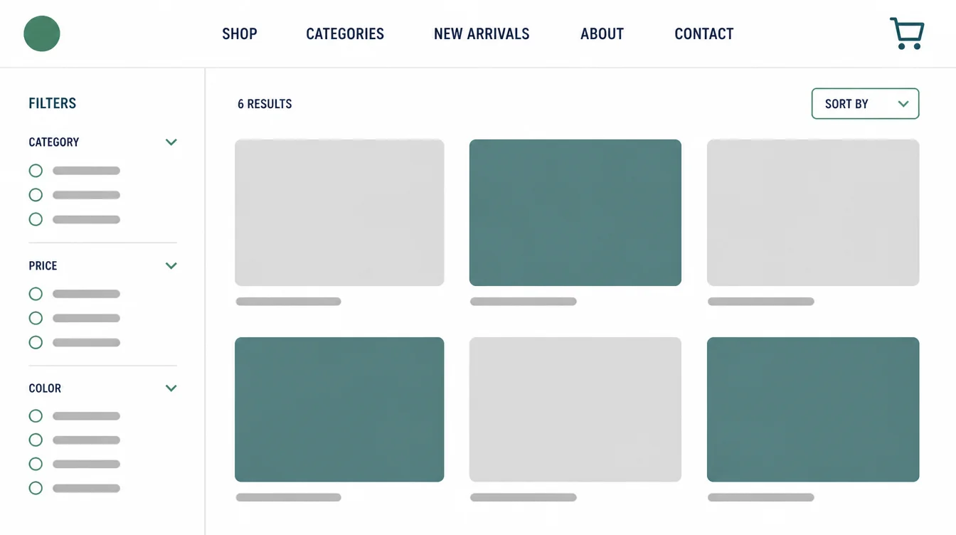 A generic online store interface mockup with placeholder product blocks, filters, and category navigation.