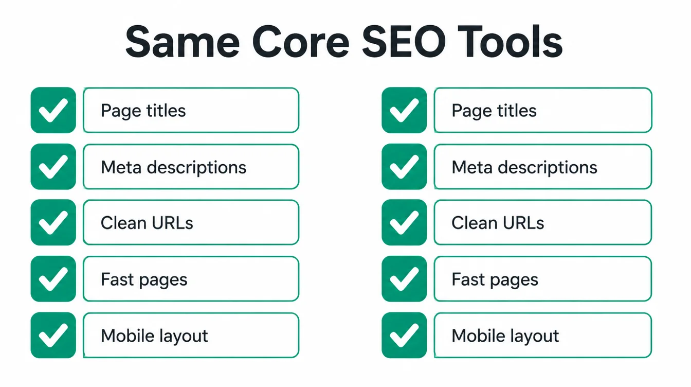 Two identical checklists of core SEO controls shown side by side, both fully checked.