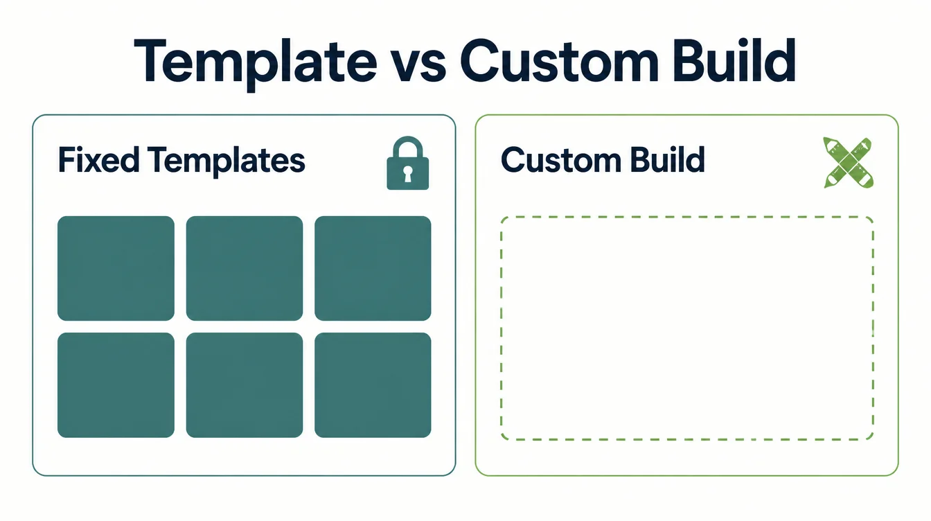 Two comparison cards, one showing a locked grid of fixed template swatches