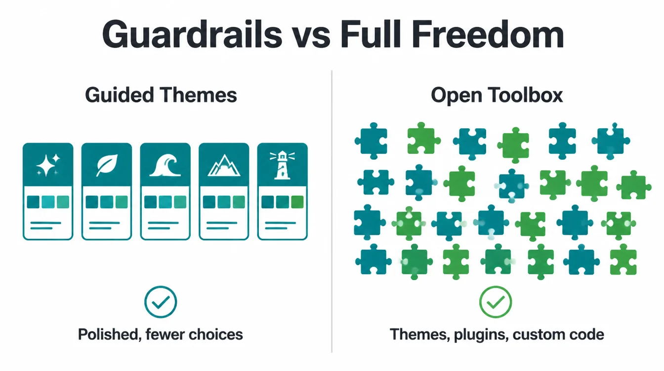 Diagram contrasting a small set of guided themes with a large open toolbox of plugins