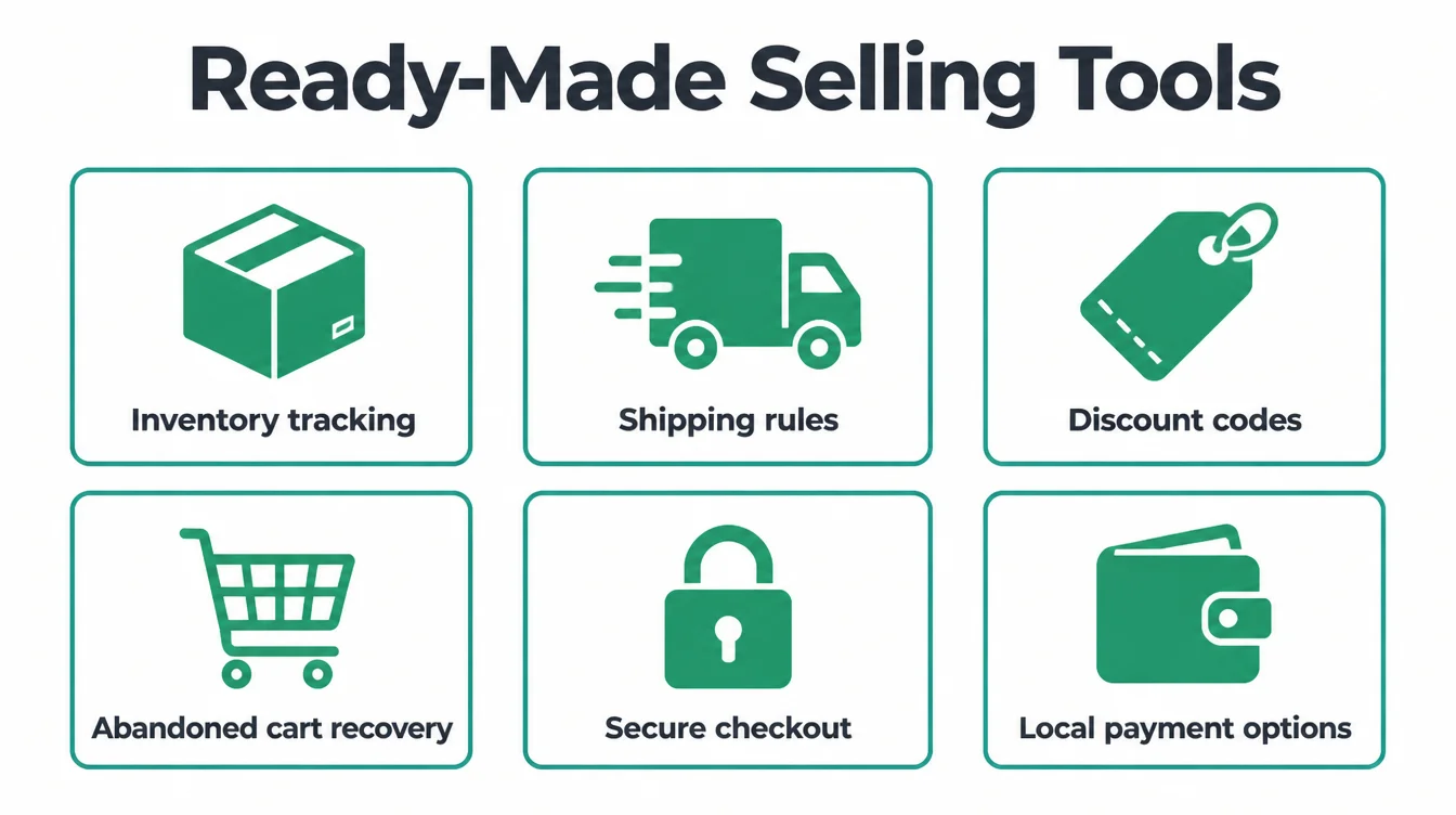 Grid of six icons showing built-in selling tools like inventory, shipping and checkout