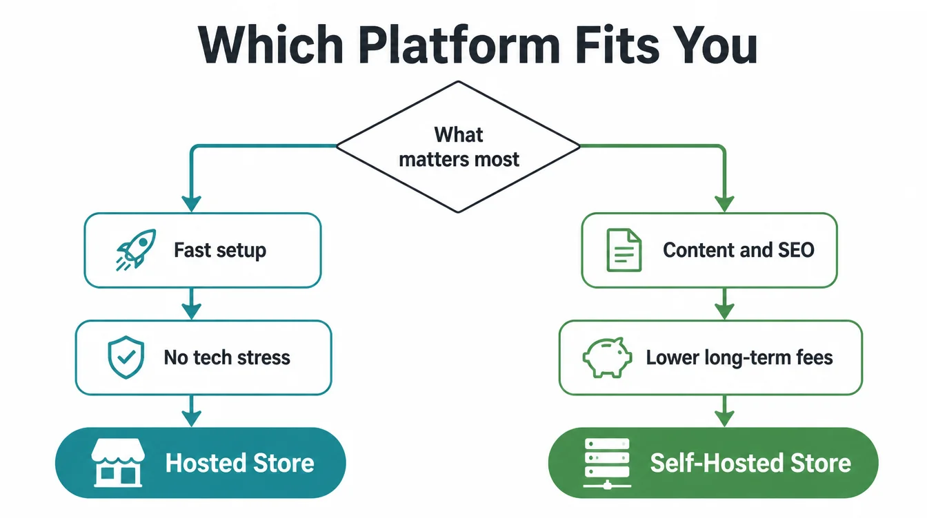 Decision tree flowchart for choosing between a hosted store and a self-hosted website