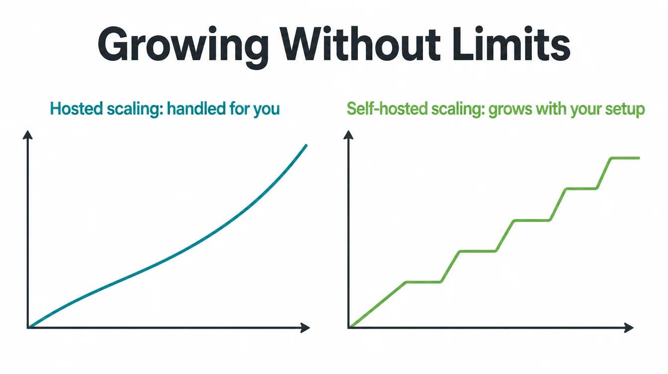 Two line graphs comparing smooth hosted scaling with step by step self-hosted scaling