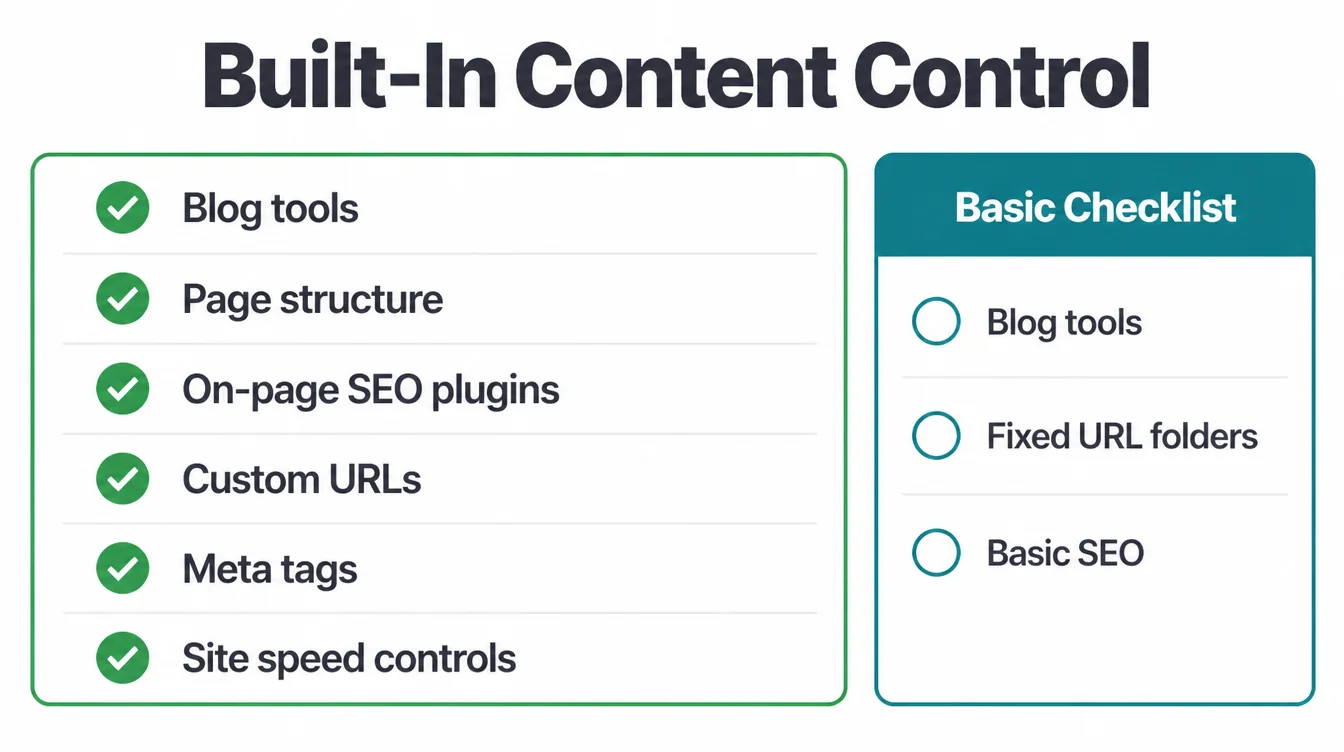 Checklist comparing WordPress content and SEO controls with Shopify's basic SEO checklist