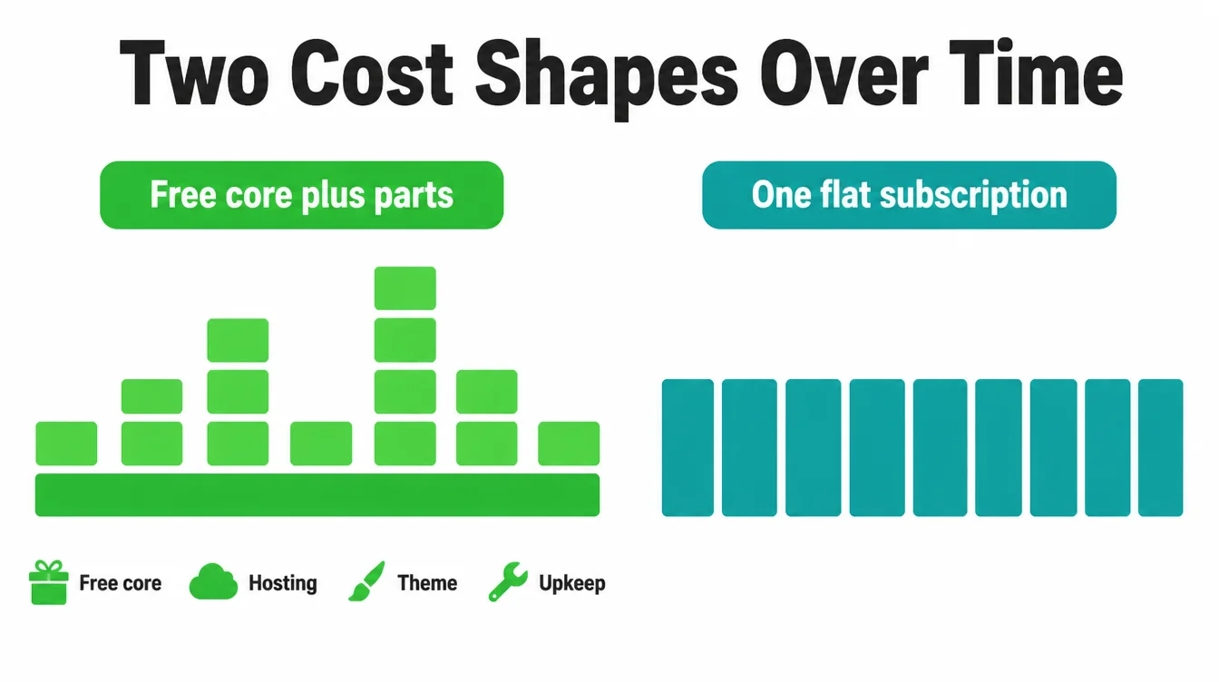 Infographic contrasting a free core plus several separate cost parts with one flat recurring subscription.